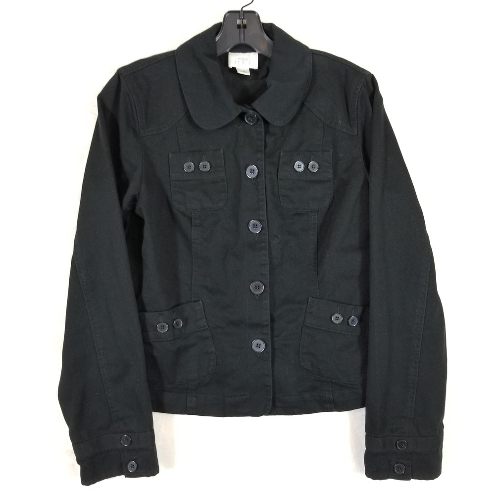 Ann Taylor LOFT Black Cotton Utility Jacket Peter Pan Collar Button Front Size 4